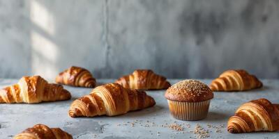 Assorted freshly baked pastries including croissants and a muffin with sesame seeds on a textured gray background with Copy Space photo