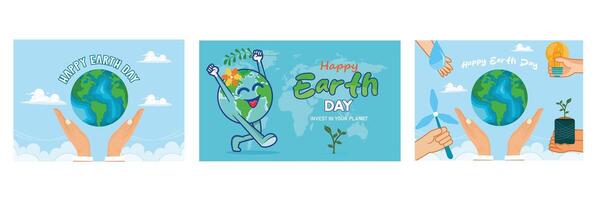 Illustrations depicting Earth Day, a hand and a globe, a bud, a windmill, water, and a light bulb. vector