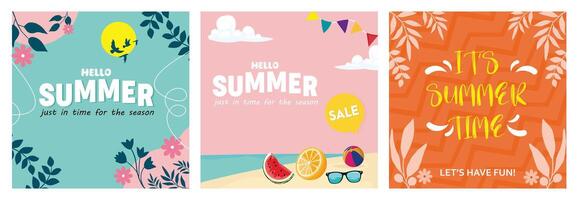 Set of three colorful summer-themed posters with text and seasonal illustrations. vector