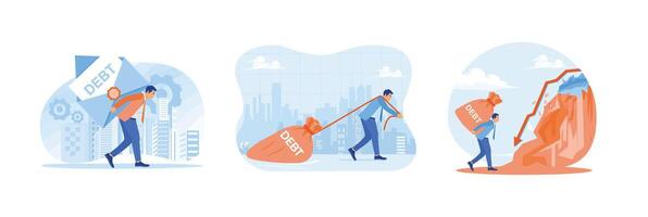 Illustration depicting a businessman with a debt burden, working, and trying to be free from debt. vector