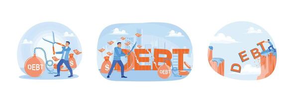 A collection of illustrations depicting someone trying to get rid of debt. vector