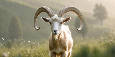 Goat with large curved horns stands out in a serene natural setting during the day. photo