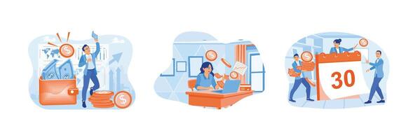 Freelancers get extra salary, earn money from the internet, salary payments at the end of the month. vector