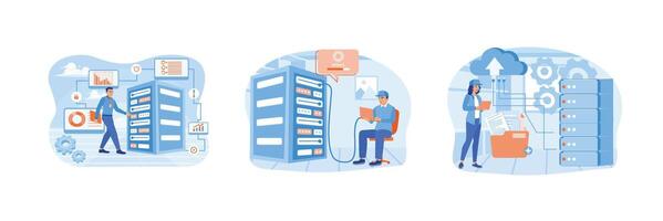Concept of server maintenance, optimizing computer networks, managing cloud computing performance. vector