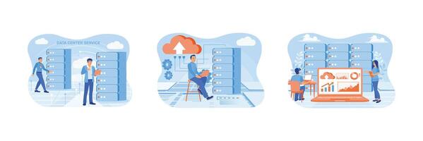 A man stores business data in a data center connected in a cloud computing service. vector