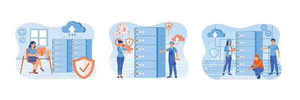 Connected data storage technology in server racks. vector