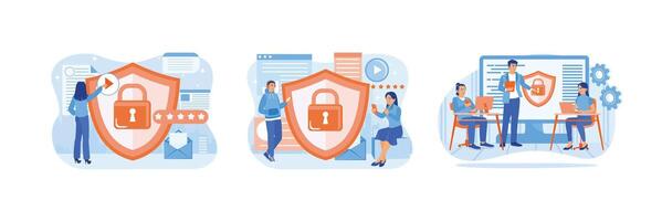 People use computers, analyze information data, protect privacy data security on the Internet. vector