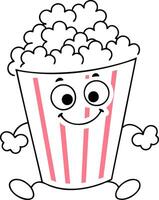 A cheerful cartoon popcorn bucket with a smiling face, featuring a striped container and fluffy popcorn on top. vector