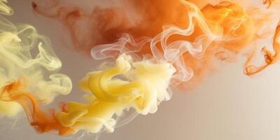 Yellow and orange smoke creating abstract shapes on gradient background photo