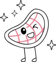 A cheerful cartoon steak character with a smiling face, sparkling stars, and cute legs, emphasizing a fun and playful food theme. vector