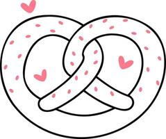 A cute, cartoon-style pretzel intertwined with small hearts, symbolizing love and affection in a playful design. vector