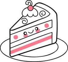 A cute, illustrated slice of cake with a smiling face, topped with a cherry and decorative icing, presented on a plate. vector