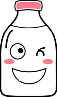 A playful, cartoon-style milk bottle with a cheerful face, winking and smiling, featuring a pink cap and rosy cheeks. vector