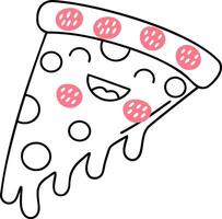 A cheerful cartoon slice of pizza with pepperoni, smiling and dripping cheese, embodying fun and deliciousness. vector