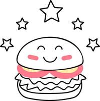 A cute, cartoon-style hamburger character with a smiling face and stars around it, conveying joy and deliciousness. vector