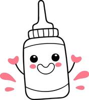 A cheerful, cartoon-style mustard bottle with a smiling face and playful hands, surrounded by pink accents. vector