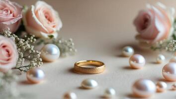 A close up of a ring surrounded by flowers and pearls. photo
