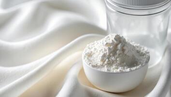 Close up of whey isolate protein scoop beside a clear shaker bottle highlighting the protein content within the scoop in a copy space image photo