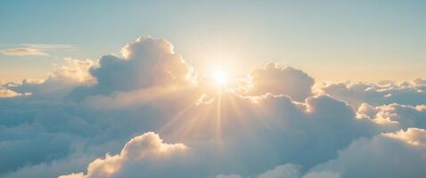 Beautiful cloudy sky with sunshine Peaceful natural background Sunny divine heaven Religion heavenly concept Copy space image Place for adding text or design. photo
