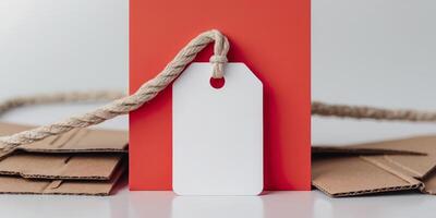 Blank price tag on red background with rope and cardboard texture photo