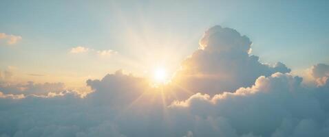 Beautiful cloudy sky with sunshine Peaceful natural background Sunny divine heaven Religion heavenly concept Copy space image Place for adding text or design photo