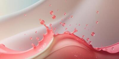Coral pink liquid splashing and making drops on gradient background. photo