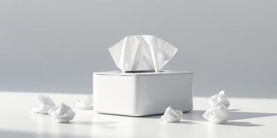 White tissue box with crumpled tissues on a clean background. photo