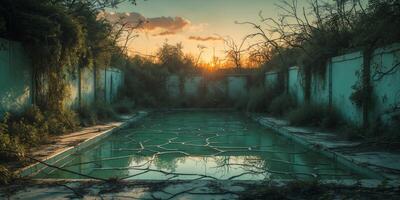 Abandoned Swimming Pool Surrounded by Overgrown Vegetation and Eerie Atmosphere at Sunset photo