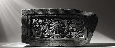 Intricate Carved Stone Slab - Dramatic Lighting. photo