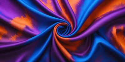 Abstract Colorful Fabric Texture Background Swirling Purple Blue and Orange Silk Drape. photo