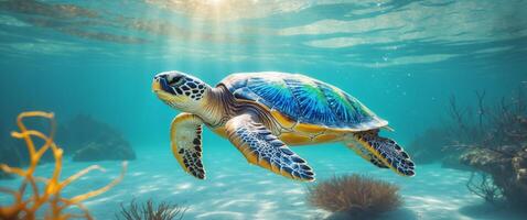 Colorful sea turtle gliding gracefully through clear ocean waters in vibrant underwater setting during daylight hours. photo