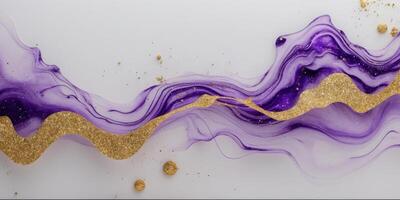 Abstract fluid art background with purple and gold glitter swirls on a white surface photo