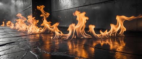 Flames Reflecting on Dark Metallic Surface in Slow Motion photo