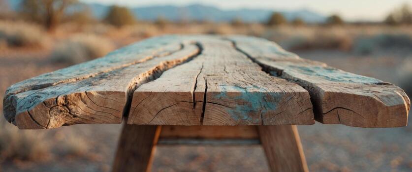 a close up of a rustic empty wooden table with blurred wild west background. photo