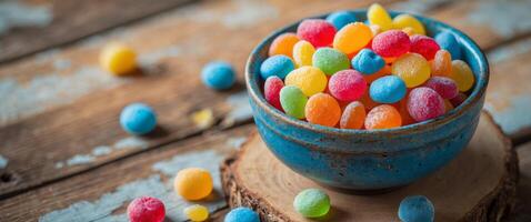 A vibrant mix of colorful candies and fruit snacks in a rustic blue bowl on a wooden surface. photo