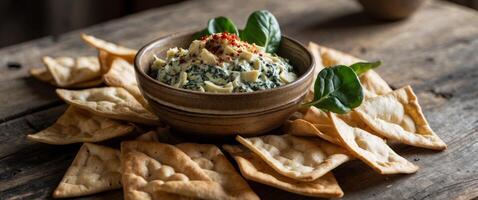 Fresh Spinach and Artichoke Dip Served with Crispy Pita Chips on a Rustic Wooden Table. photo