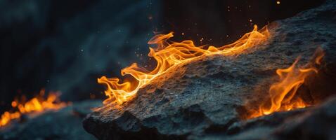 Close Up of a Rock with Fire Illuminating Its Surface Creating a Unique Geological and Fiery Scene. photo