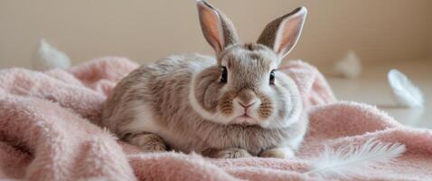 Cute bunny resting on soft pink blanket in cozy indoor setting. photo