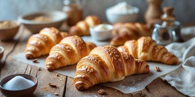 Flaky croissants on a wooden surface with baking ingredients creating a warm culinary atmosphere photo