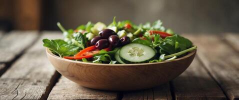 Bowl of fresh salad with olives cucumbers and assorted vegetables on a wooden table photo