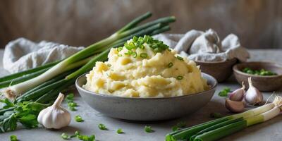 Creamy mashed potatoes surrounded by fresh ingredients in a rustic setting photo