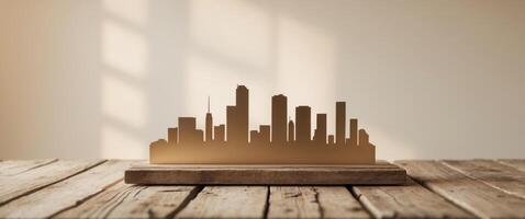 City skyline simulation on wooden table with warm indoor lighting and blurred background photo