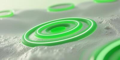 Abstract green glowing concentric circles on textured surface. photo