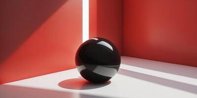 Black sphere on white surface with red wall and light beam creating abstract composition photo