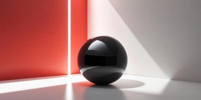 Black sphere on white surface with red wall and light beam creating abstract composition. photo