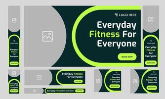 Customizable creative body fitness web set banner design for social media post, everyday workout plan web bundle banner design, fully editable eps 10 file format vector