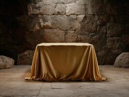 Mysterious golden cloth draped over a table in an ancient stone room photo