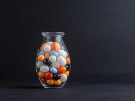 Glass vase filled with colorful candy balls on a dark background photo
