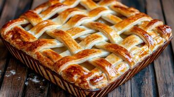 Delicious golden brown lattice top apple pie in a rustic wooden setting photo