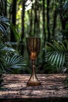 Golden chalice in lush jungle setting photo